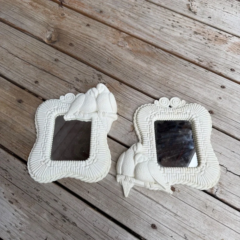 Vintage Homco Lovebird Wall Mirrors Set of 2 White Faux Wicker  Decor